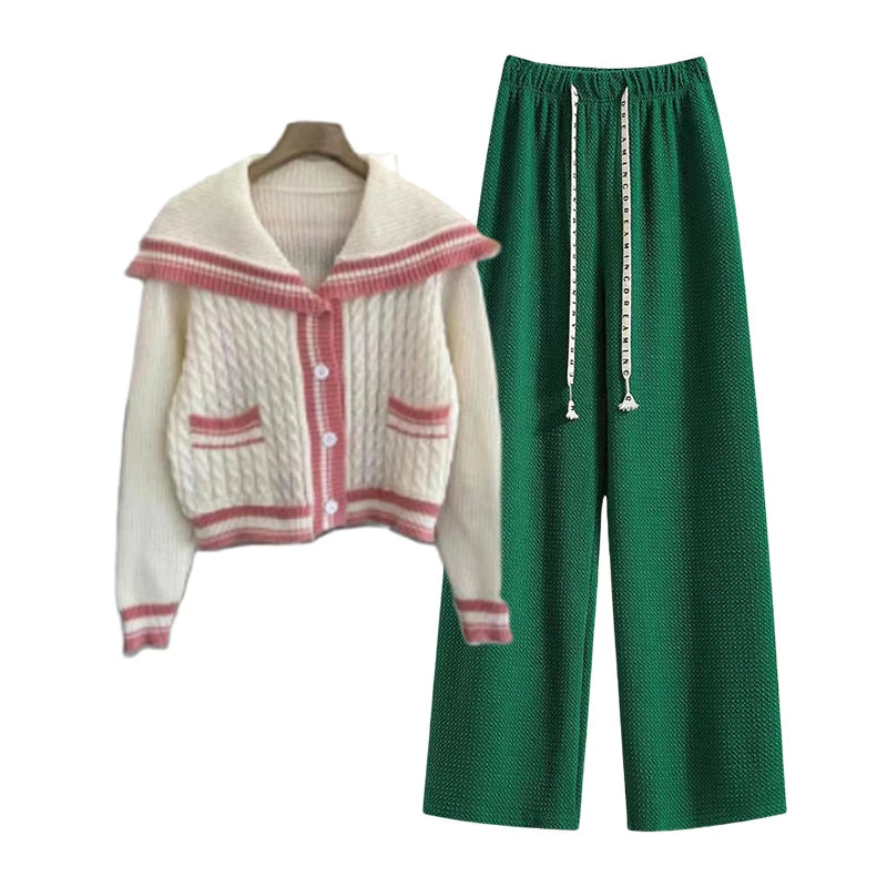 Knitted Spring Preppy Style Sailor Neck Women's Knitted Cardigan Elastic Wide Leg Pants Long Sleeve Korean Sportswear Set
