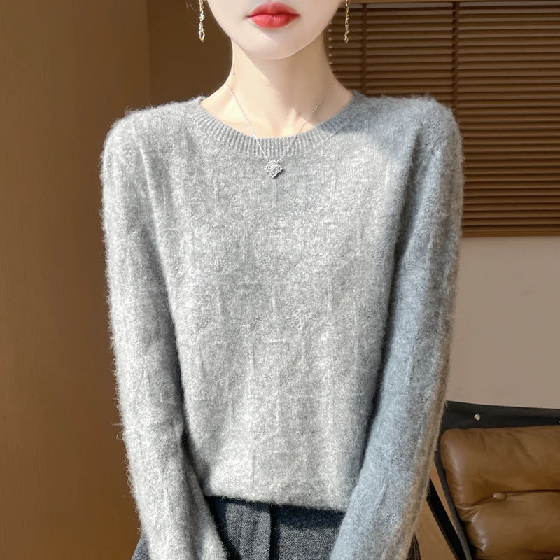 Women 100% Merino Wool Sweater Casual Hollow out Cashmere Blouse O-neck Pullover Tops Autumn Winter Warm Knit Woman Wool Sweater
