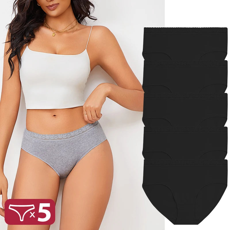 FINETOO 5PCS/Set Women Cotton Panties Sexy Low Waist Briefs Lace Cotton Female Comfortable Underwear Solid Color Soft Lingerie