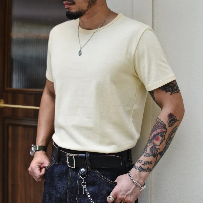 Saucezhan Tops & Tees Men's T-shirt Summer Short Sleeve 5 Colors Pure Cotton  Anti-deformation Double-woven fabric 340g