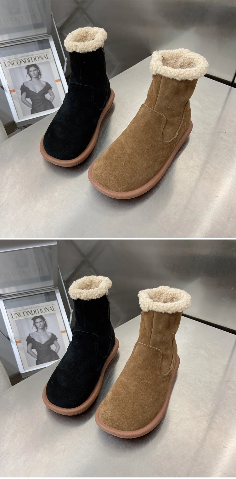 Careaymade-Genuine cow leather Snow cotton round head flats woolen short boots plush warm snow boots Oversized shoes size 35-43