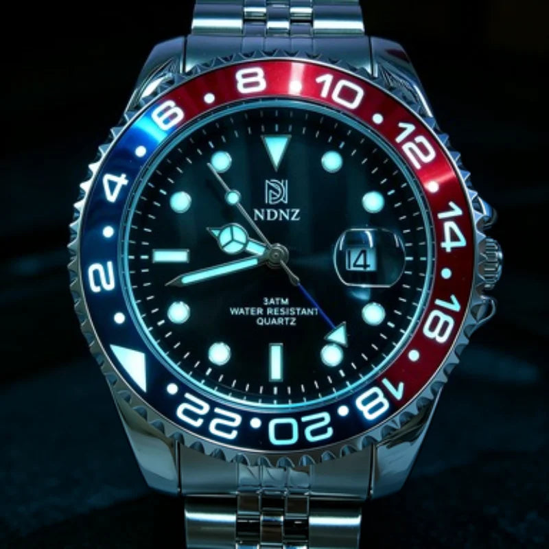 Men's GMT Style Quartz Watch, 3ATM Waterproof Stainless Steel Band, Black Blue Bezel Luminous Wristwatch with Date Display