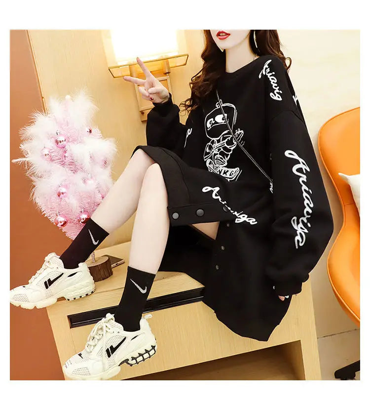 Spring Autumn Y2K Harajuku Printed Sweatshirts Women Round Neck Long Sleeve Mid-length Pullovers Korean Button Asymmetrical Tops