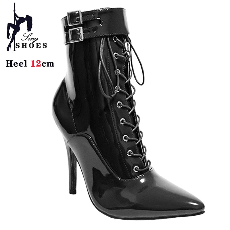 Cross-tied Pink Pointed Toe Ankle Boots 12cm Sexy Fetish Stripper Shoes Patent Leather ZIP Short Boots Women Heels Plus Size 46