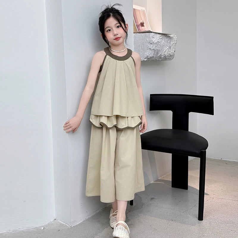 Girls Summer Casual Loose Skirt Pants Set Two Piece Outfit Big Kids Fashion Children's Clothing Set Comfortable