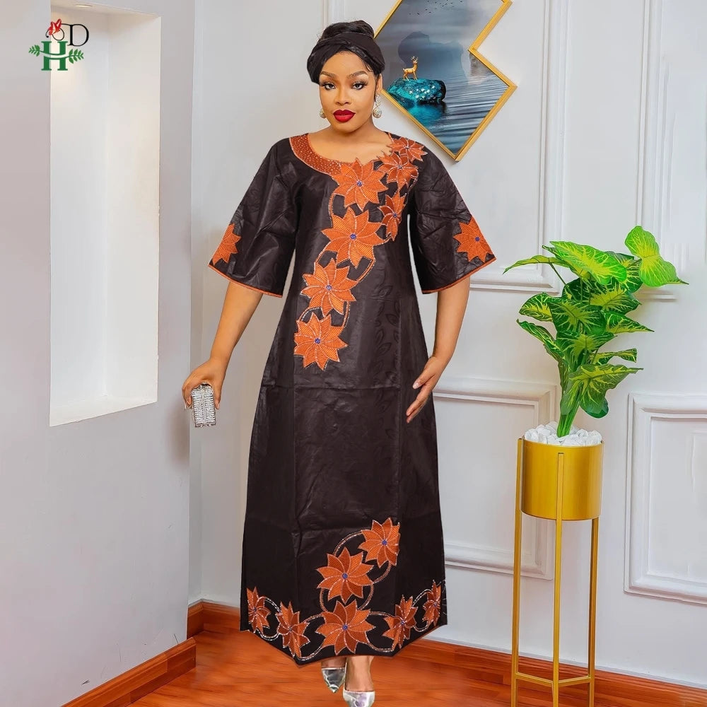H&D New Style African Clothes For Women Traditional Embroidery Dresses Blue Bazin Women High Quality Party Wedding Occasion