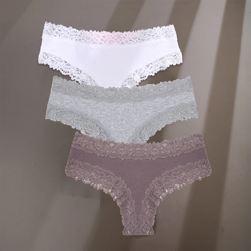 3Pcs/Set Sexy Lace Briefs Cotton Panties Women's Fashion 7 Solid Color Comfortable Briefs Low Waist Underpants Stretch Underwear