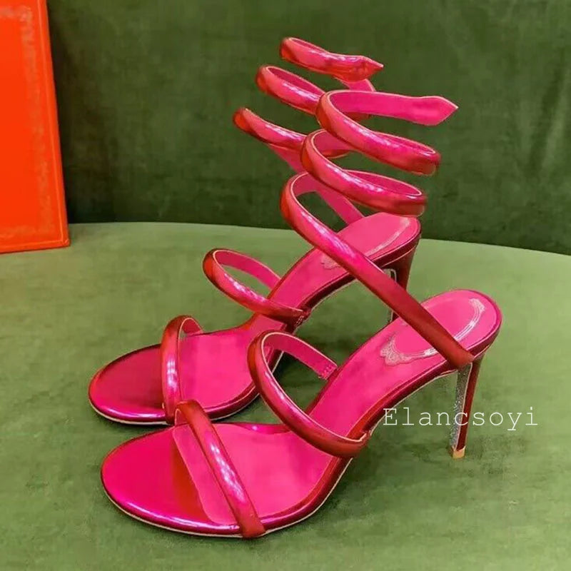 Sexy Thin Heels Sandals Summer Women Real Leather Ankle Snake Shaped Winding Banquet Shoes Summer High Heels Gladiator Sandalias