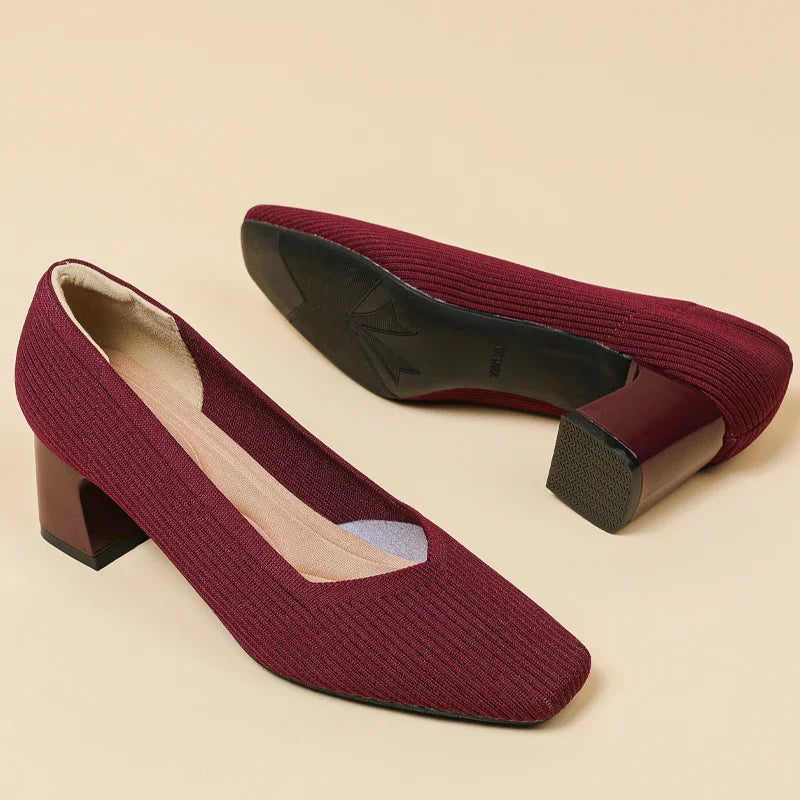 Shoes Woman High Heels Comfortable Square Knitted Breathable Comfortable Women's Flats Shoes (5cm High) 2025 New Collection