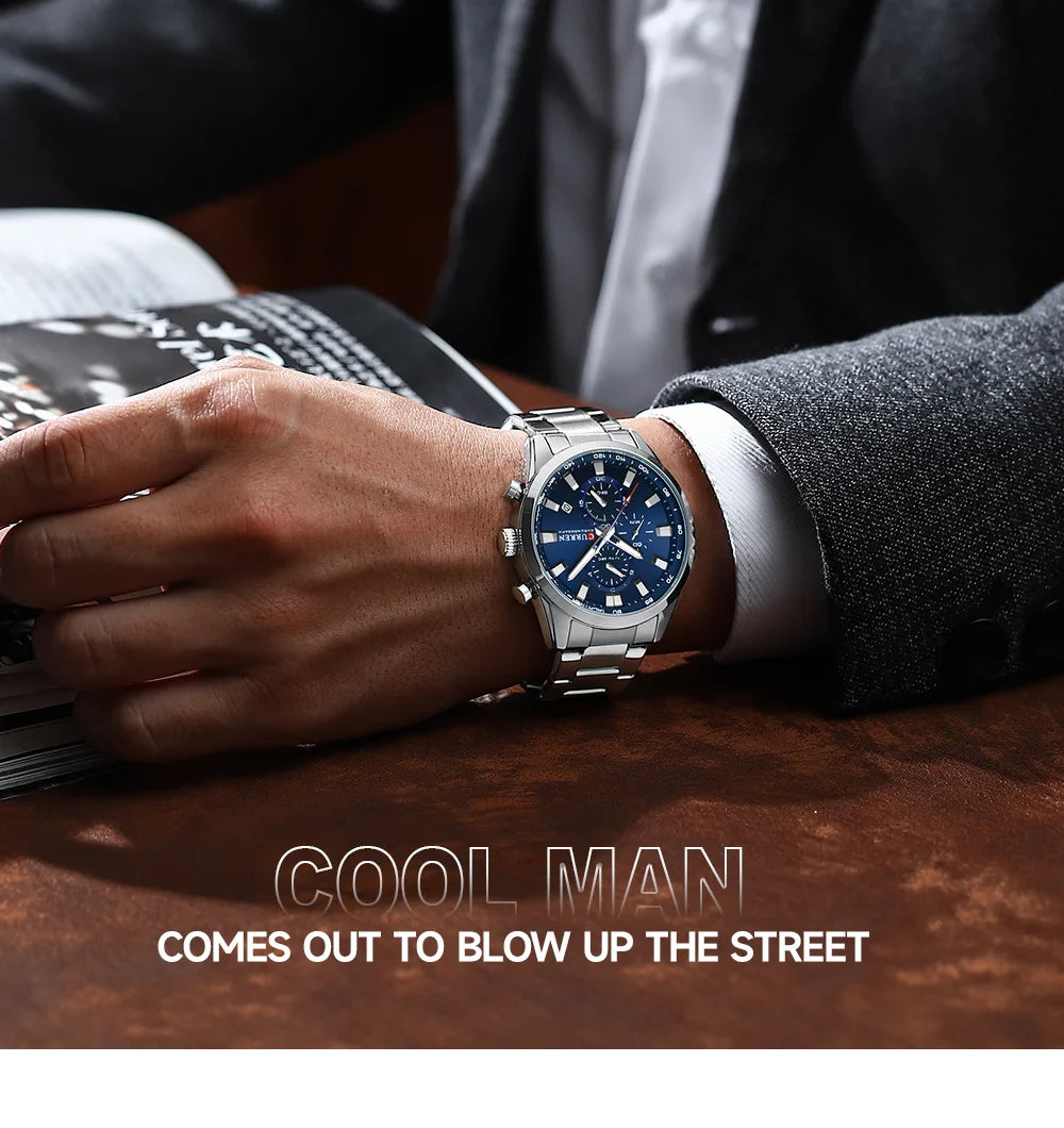 CURREN  New Sports Multifunction Stainless Steel Band Watches Fashion Brand Quartz Men's Wristwatches with Date