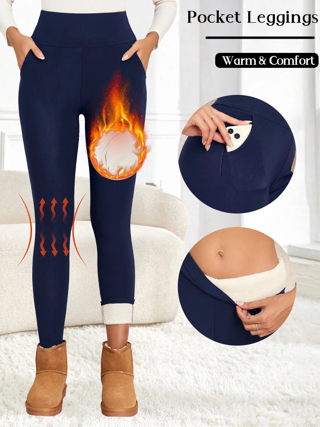 Navy fleece women's leggings with high waist, tummy control, thermal lining and pocket detail.