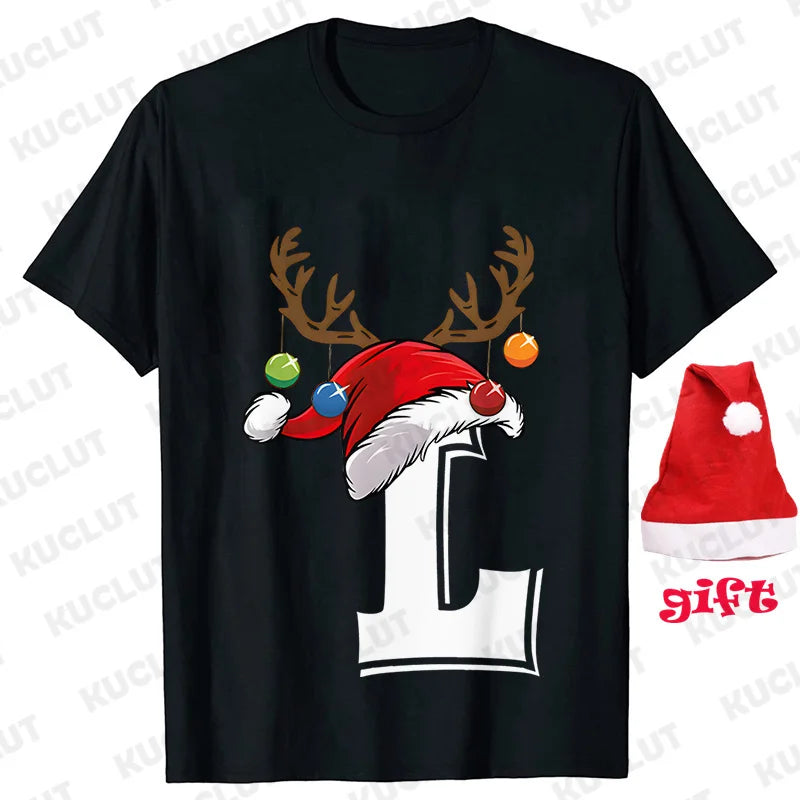 Funny Christmas Party Tshirt Fashion Women T Shirt Tops Short Sleeves T-shirt 26 A~Z Alphabet Casual Tees with Santa Hat Gift