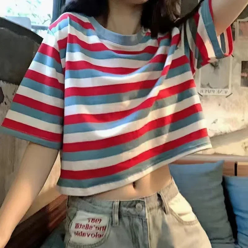 Black White Striped Cropped Top Women Summer New Korean Loose Short-sleeved T-shirt Fashion Egirl Letter Print Oversized Shirt