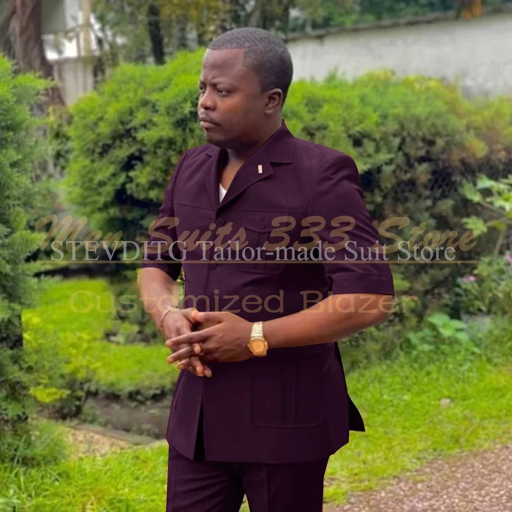 Safari Men Suits with Short Sleeve 2 Pieces Single Breasted Stand Notch Lapel African Fashion Style Set Jacket Pants