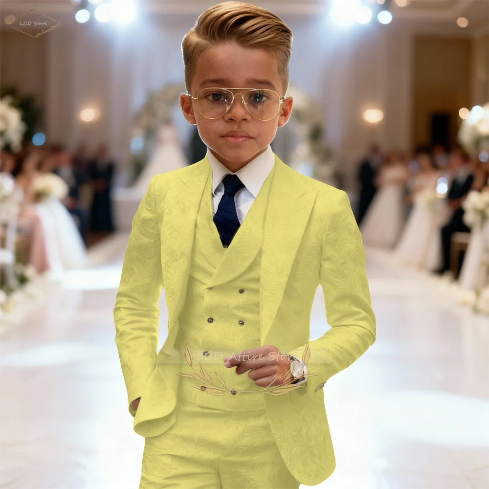 Kids Boys 3 Piece Intricate Jacquard Texture Blazer Suit Vest Trousers Elegant Gentleman Wedding Ceremony Formal Dress