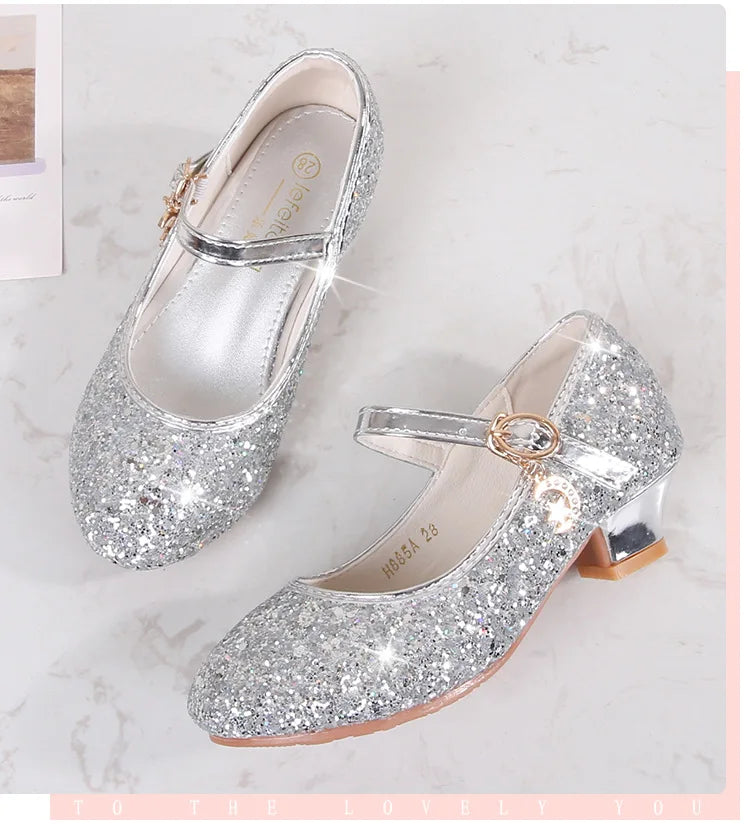 Classic Children High Heels Leather Shoes Fashion Sequins Elegant Kids Girls Wedding Shoes Princess Party Dress Single Shoes