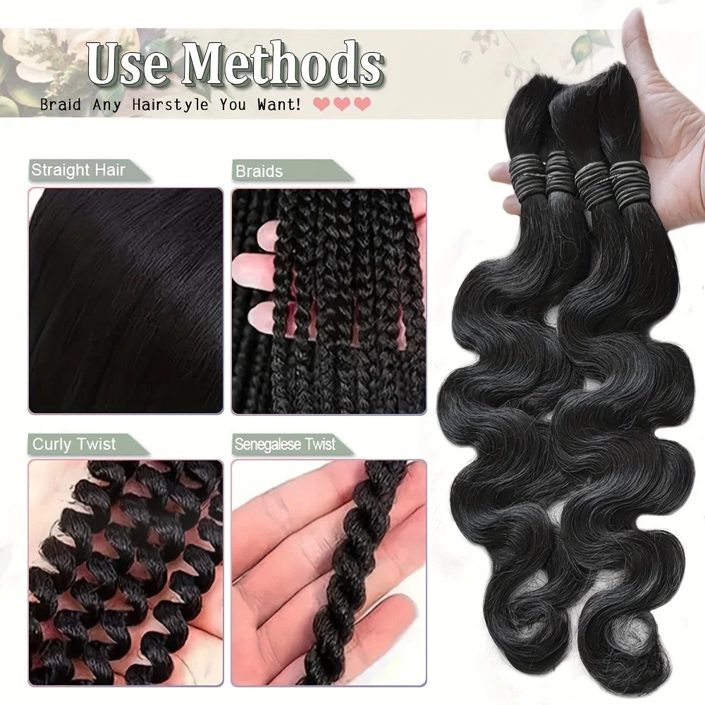 12A Body Wave Bulk Human Hair No Weft Unprocessed Virgin Remy Hair Soft Bouncy For Boho Braids DIY Styling Natural Black Raw Hair Extension 55g/1pack