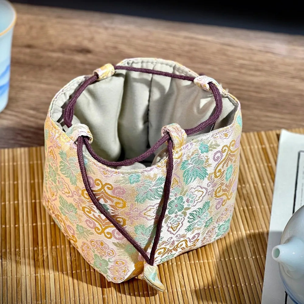 Chinese Style Tea Set Organizer Bag Embroidered Breakage-proof Teacup Drawstring Cloth Pouch Tea Ceremony Accessories