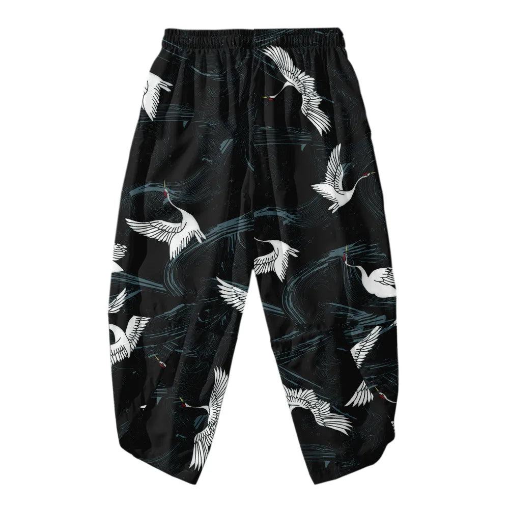 Men Yukata Style Harajuku Cardigan Traditional Japanese Great Wave of Kanagawa Crane Printed Trousers Asian Costume Kimono Pants