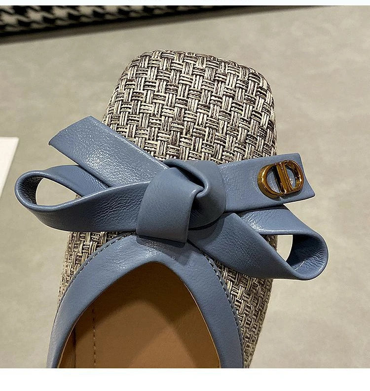 Women's Shoes 2025 New Woven Bow Square Toe Women's Ballet Flats Female Soft Sole Large Fashion Women's Shoes Chaussure Femme