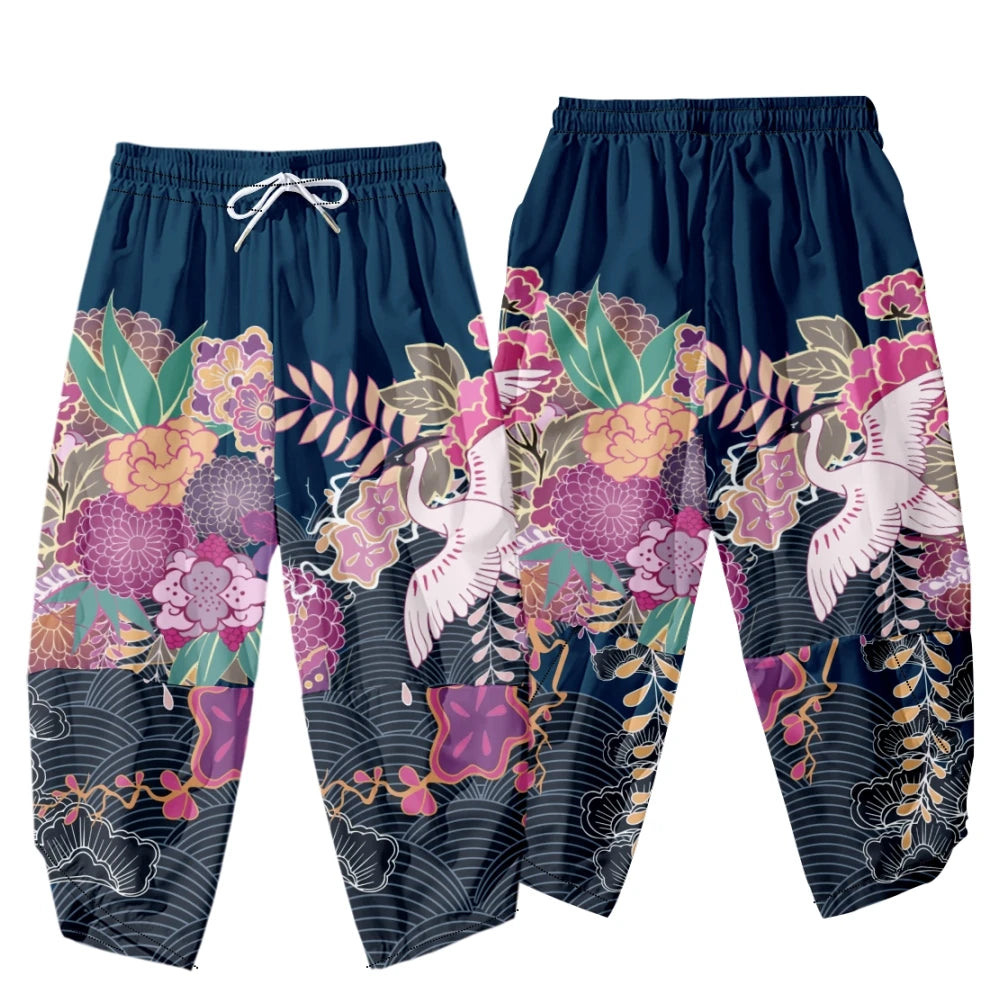 Men Yukata Style Harajuku Cardigan Traditional Japanese Great Wave of Kanagawa Crane Printed Trousers Asian Costume Kimono Pants