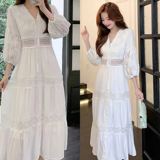 Boho Dress Women Fashion Spring/Summer White Sweet French Bubble Sleeve Beach Long Dress