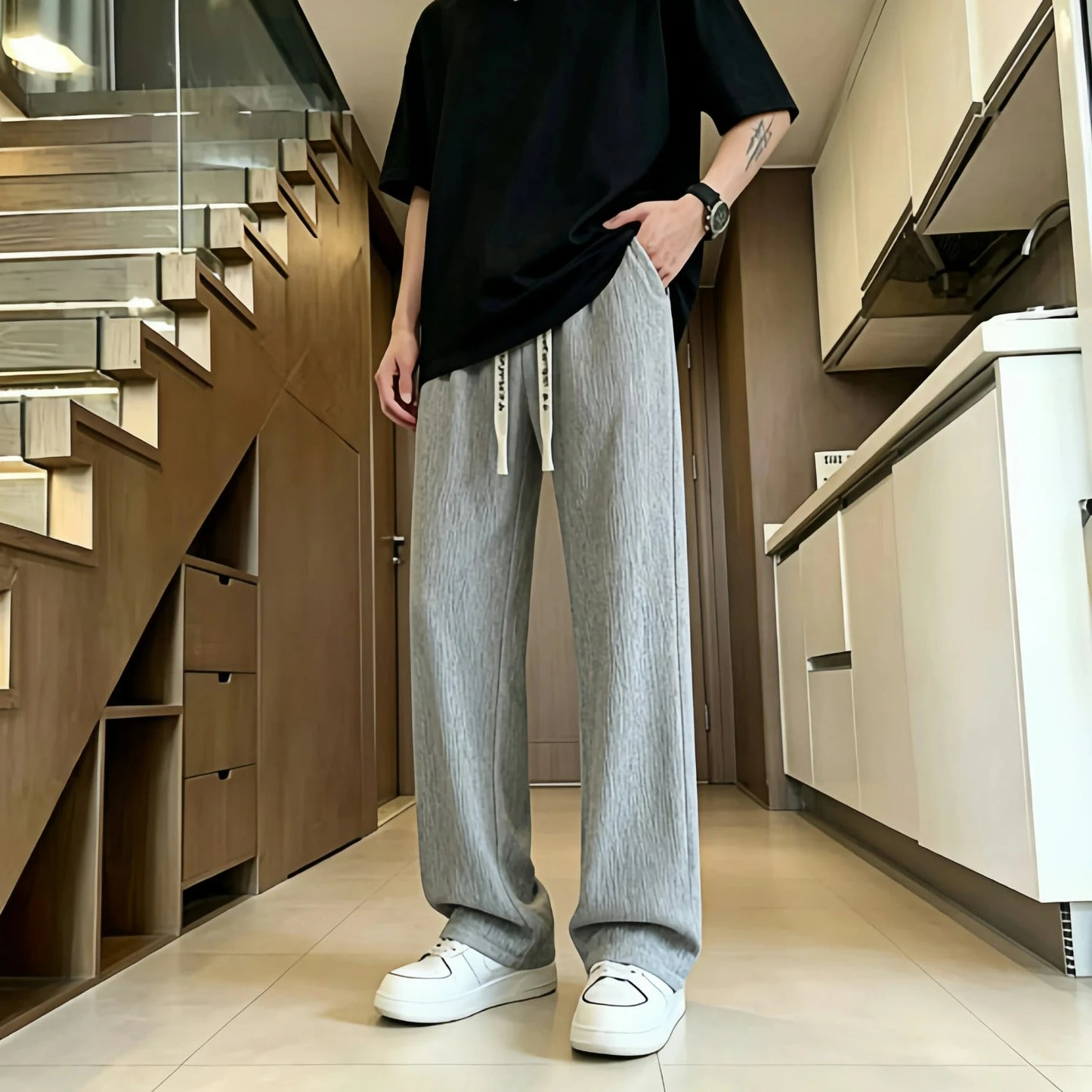 New Mens Wide Leg Pants Summer Loose Textured Casual Trousers Baggy Straight Relaxed Fit Streetwear Comfortable Pants
