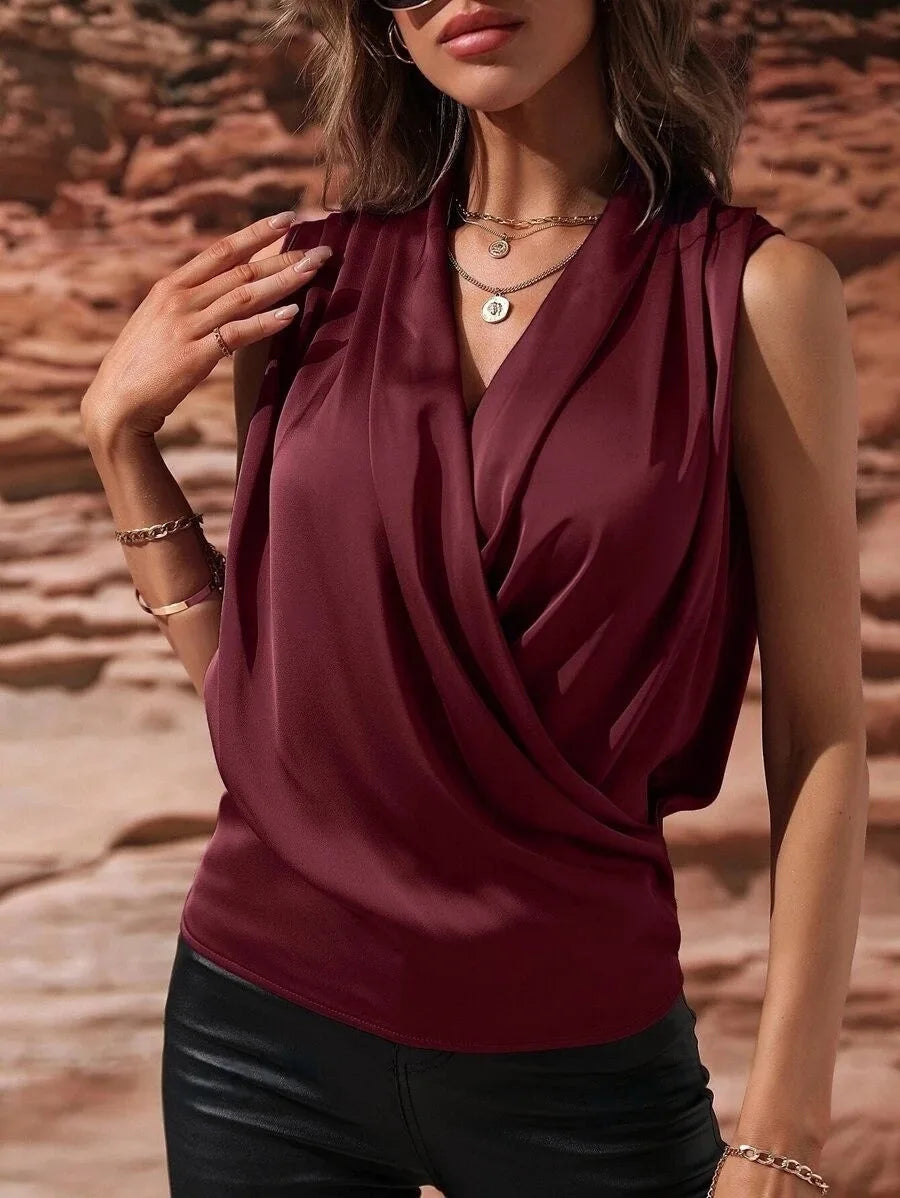 Spring Summer Sleeveless Satin Ruffled Blouse European American Style Sexy Shirt Cross Border Fashion for Women