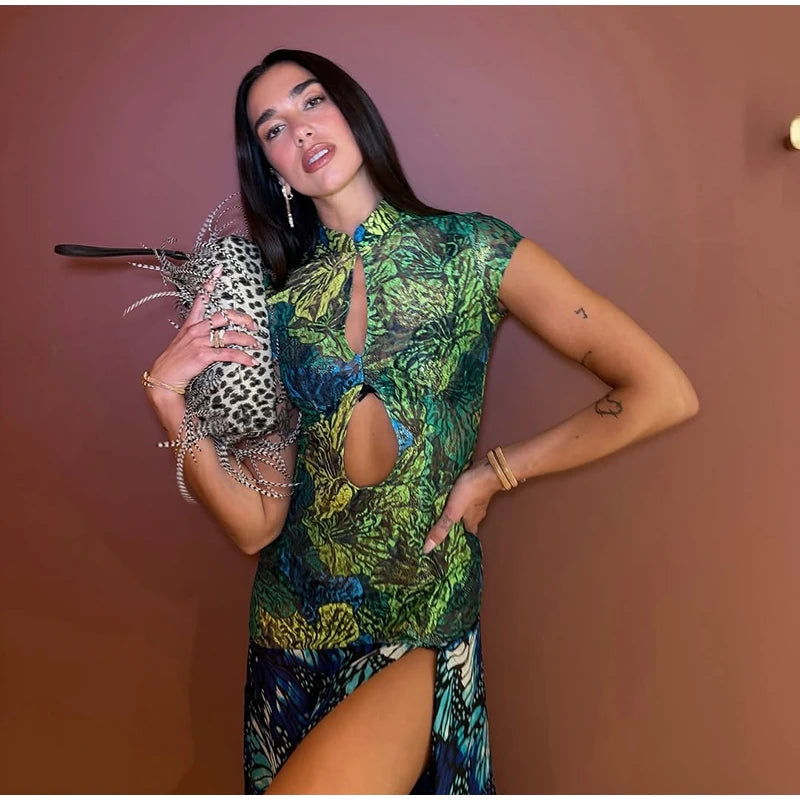 Jungle Butterfly Print Midi Dress Mandarin Collar Cutout Waist High Slit Dress 2026 Summer Festival Night Out Wear Women Vestido