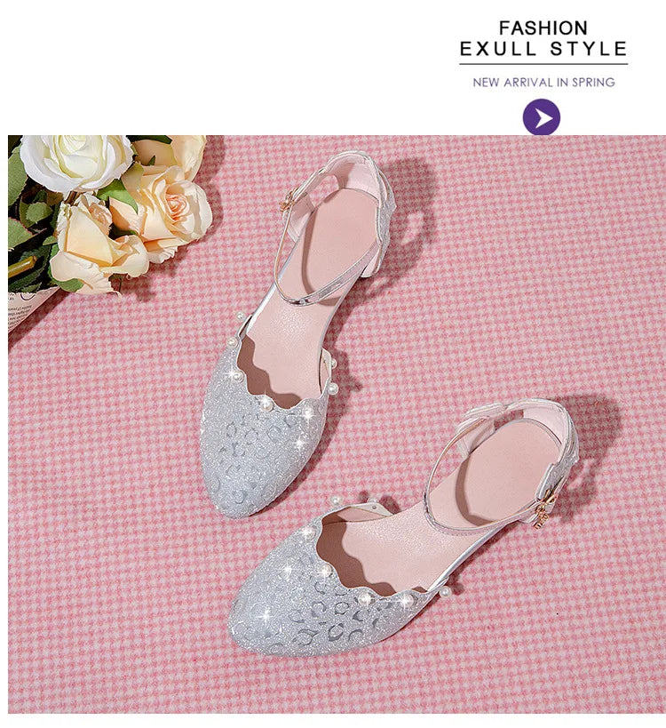 Princess Kids Leather Shoes Girls Sandal Sweet Pearl Casual Glitter Children High Heels Girls Party Dance Shoes Pink Gold Silver