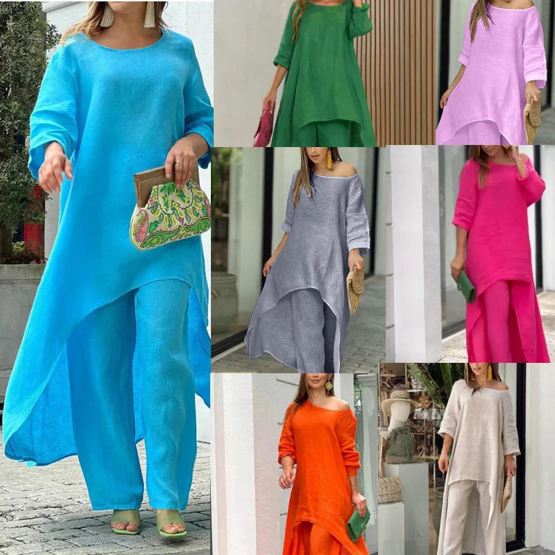 2 Piece Women Set African Clothes Women Outfits Cotton Linen Suit Long-Sleeved Top Pants Oversize Trousers Casual Party Set 2024