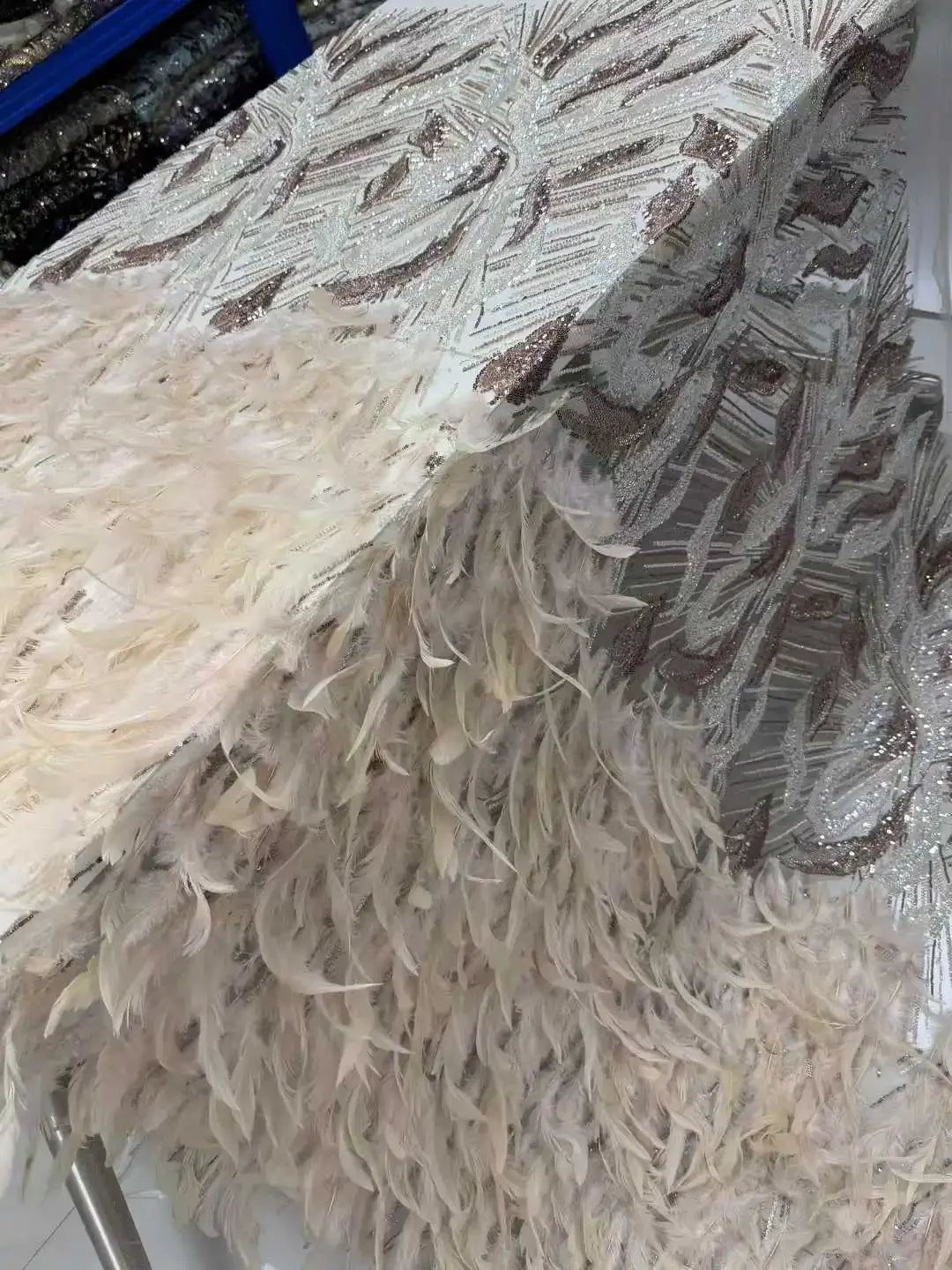 Haute Luxury Handmade 3D Feather Applique Design Fashion African Beaded Net Lace French Fabric Net Lace Evening Dress CC1809