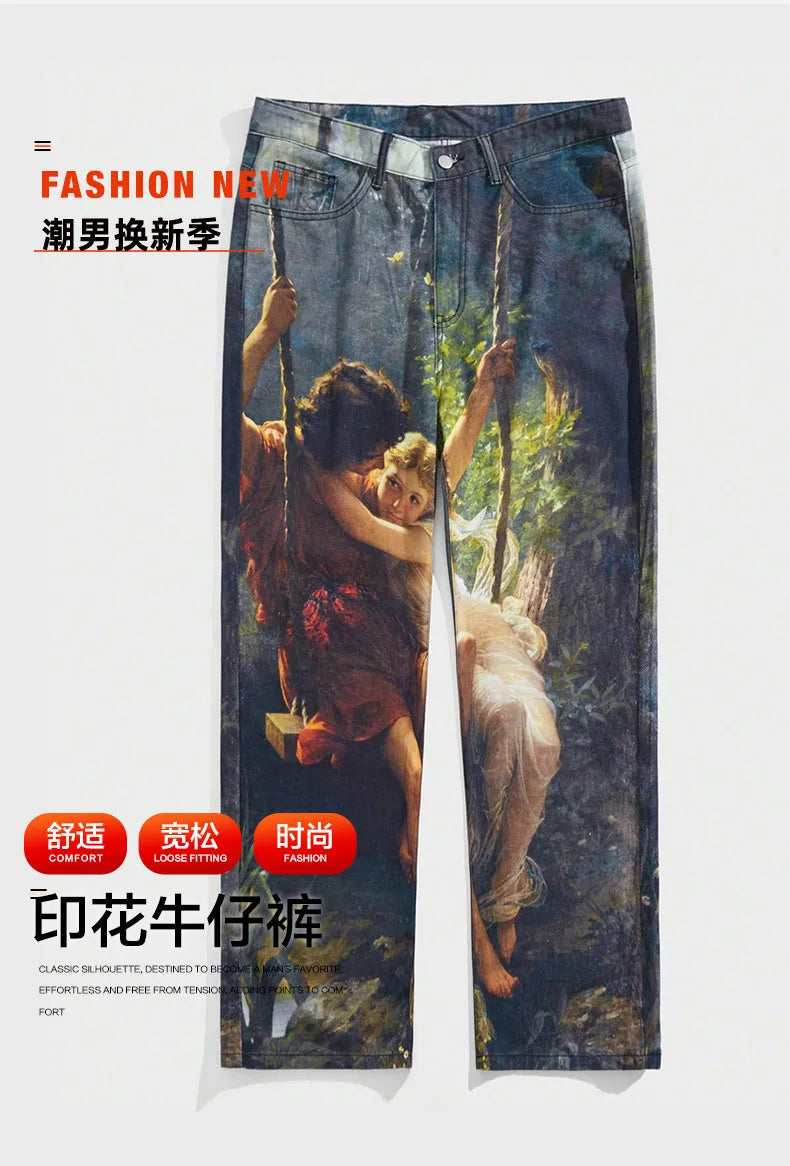 European and American Street Men's Fashionable 3D Digital Pattern Printed, Ink-splashed and Tie-dyed Straight-leg Jeans.