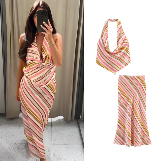 Women Casual Print Stripe Skirt Sets Or Summer Female Slim Sleeveless Halter V-Neck Crop Tops Or Lady High Street Beach Skirts