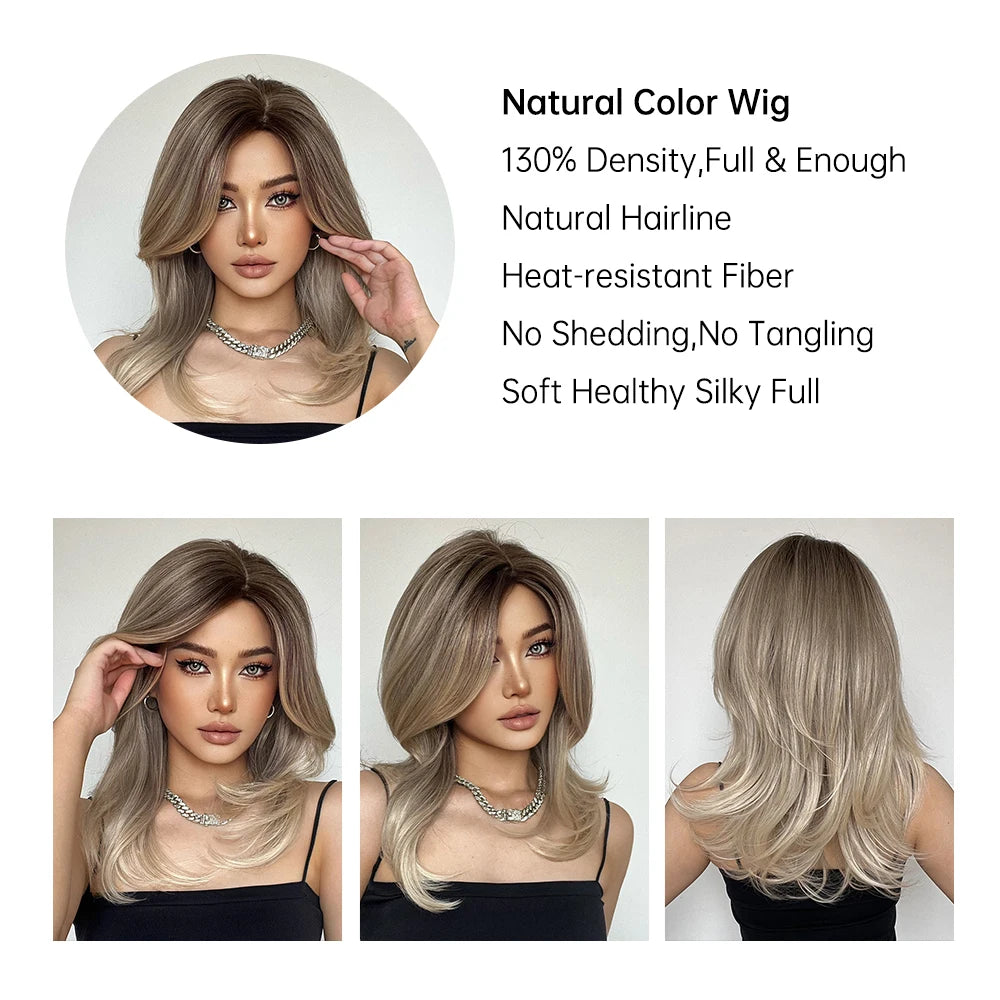 ELEMENT Synthetic Wig Medium Wavy Hair Ombre Brown Blonde Wigs for Women Daily Party Cool Heat Resistant Breathable Headband