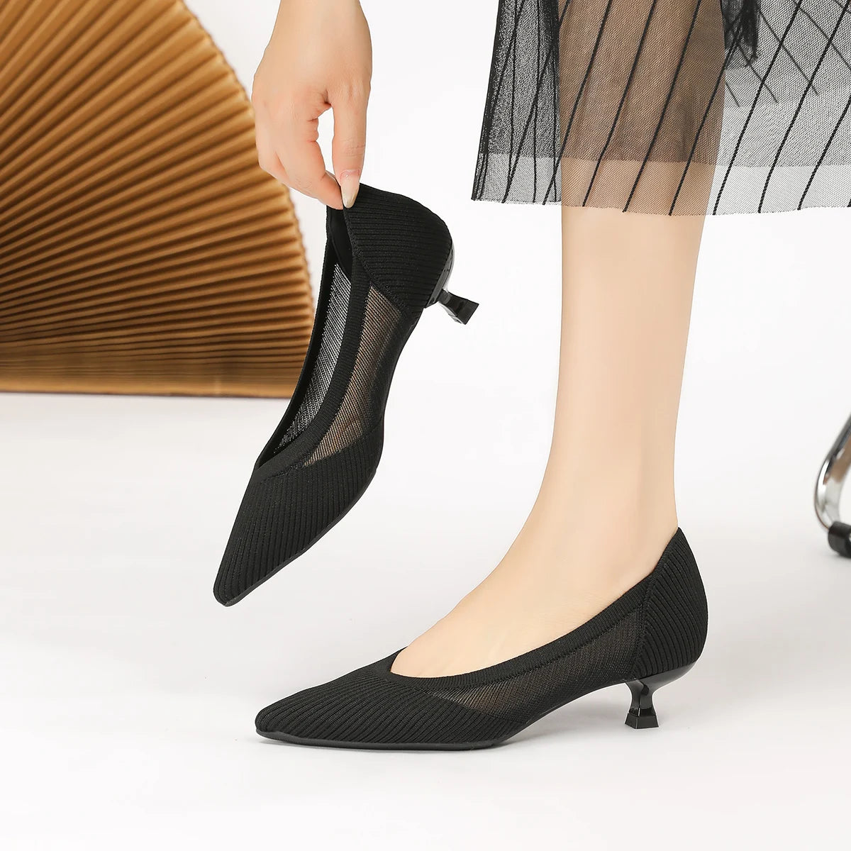 Women's High Heels 2025 New Knitted Breathable Mesh Fine Fashion Comfortable Lightweight Shoes Spring and Autumn