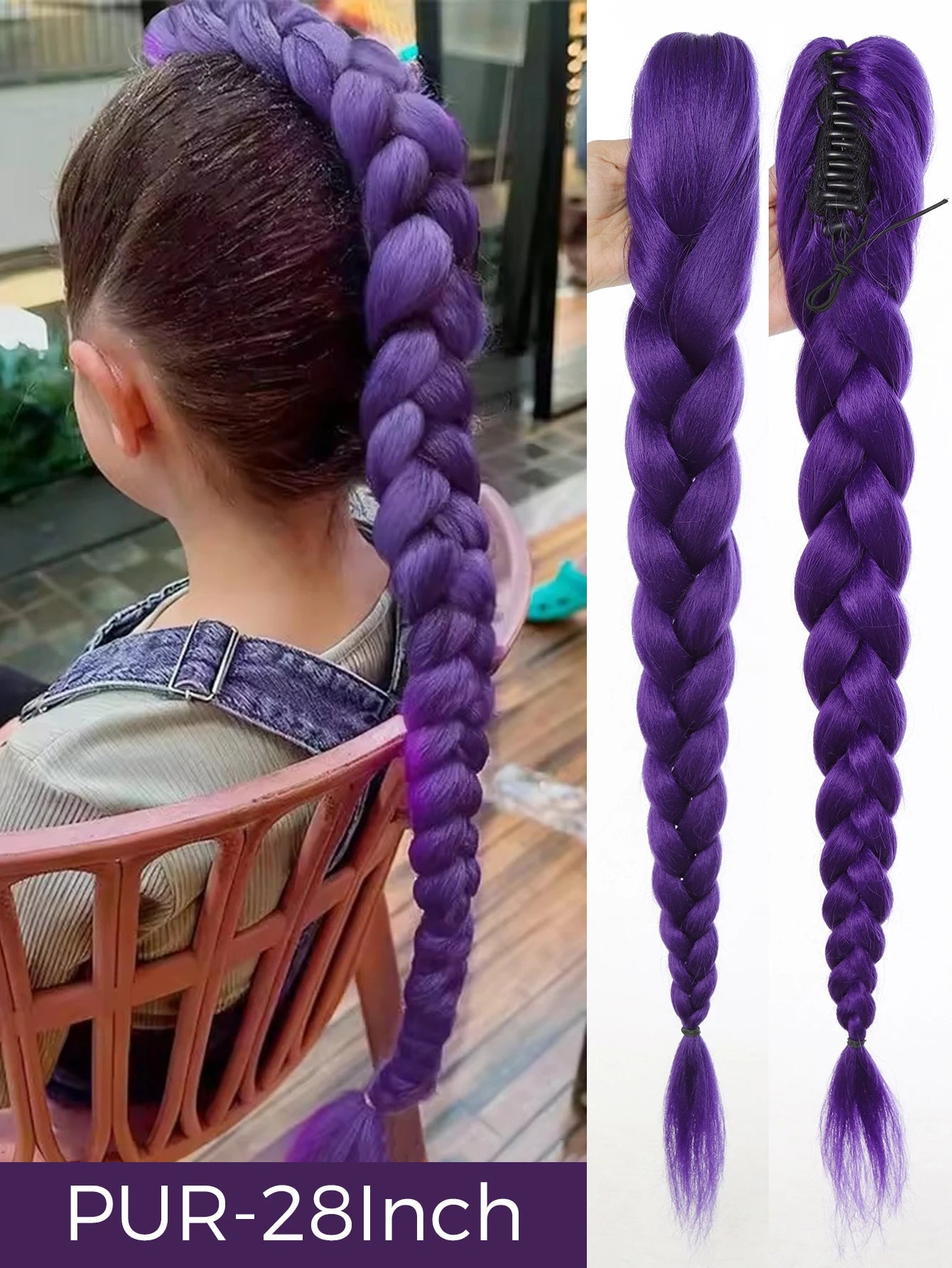 Synthetic 26inch Long Ponytail with Clips Braided Purple Hair Ponytail Rumi Costume Hairstyle for Kids Girls Halloween Christmas