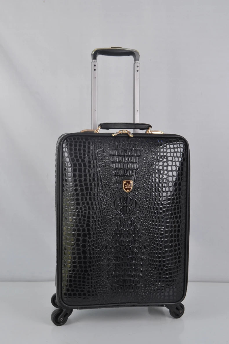 Crocodile pattern leather rolling luggage 16/20/24 inch boarding trolley suitcase real leather men's and women's travel luggage