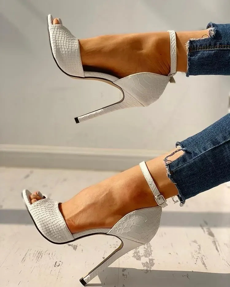 Sexy White Dress Wedding Shoes Women Ankle Strap Peep Toe High Heel Sandals Super High Heels Buckle Snake Pattern Woman Pumps