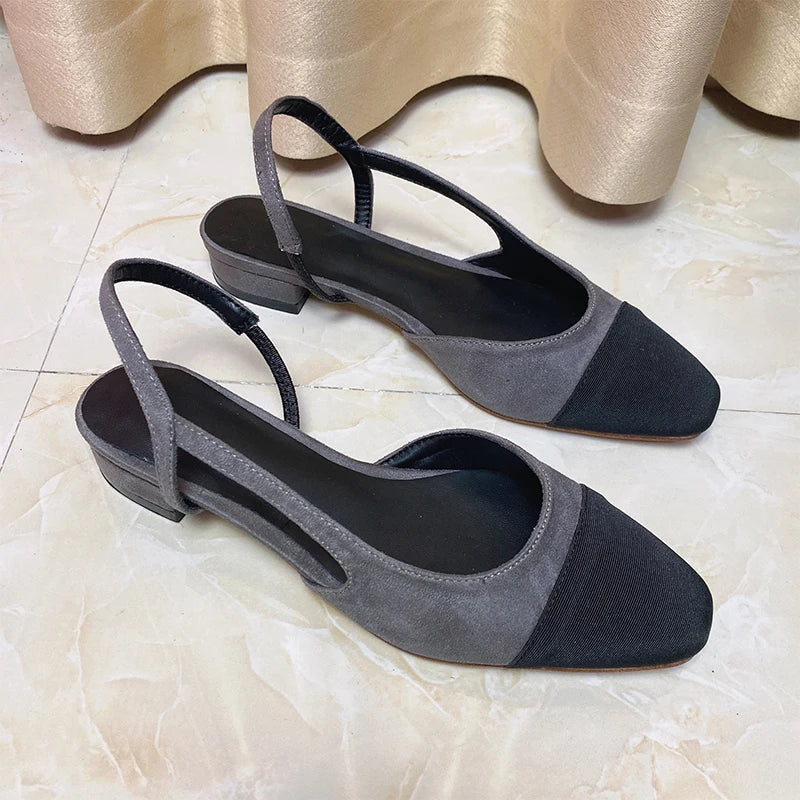 2023Spring Autumn Fashion High Heels Sandals Women's Dress Square Toe Slingback Shoes Women's Color Block Back With Flat Sandals