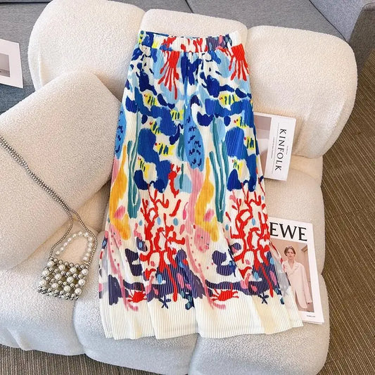 New Fashionable Pleated High-waisted Slim and Versatile High-end Printed A-line Skirt