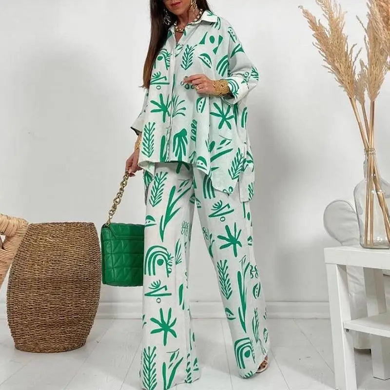 Summer Fashion New Printed Women's Set Printed Pattern Flip Collar Open Single Breasted Top Wide Leg Pants Elegant Two Piece Set