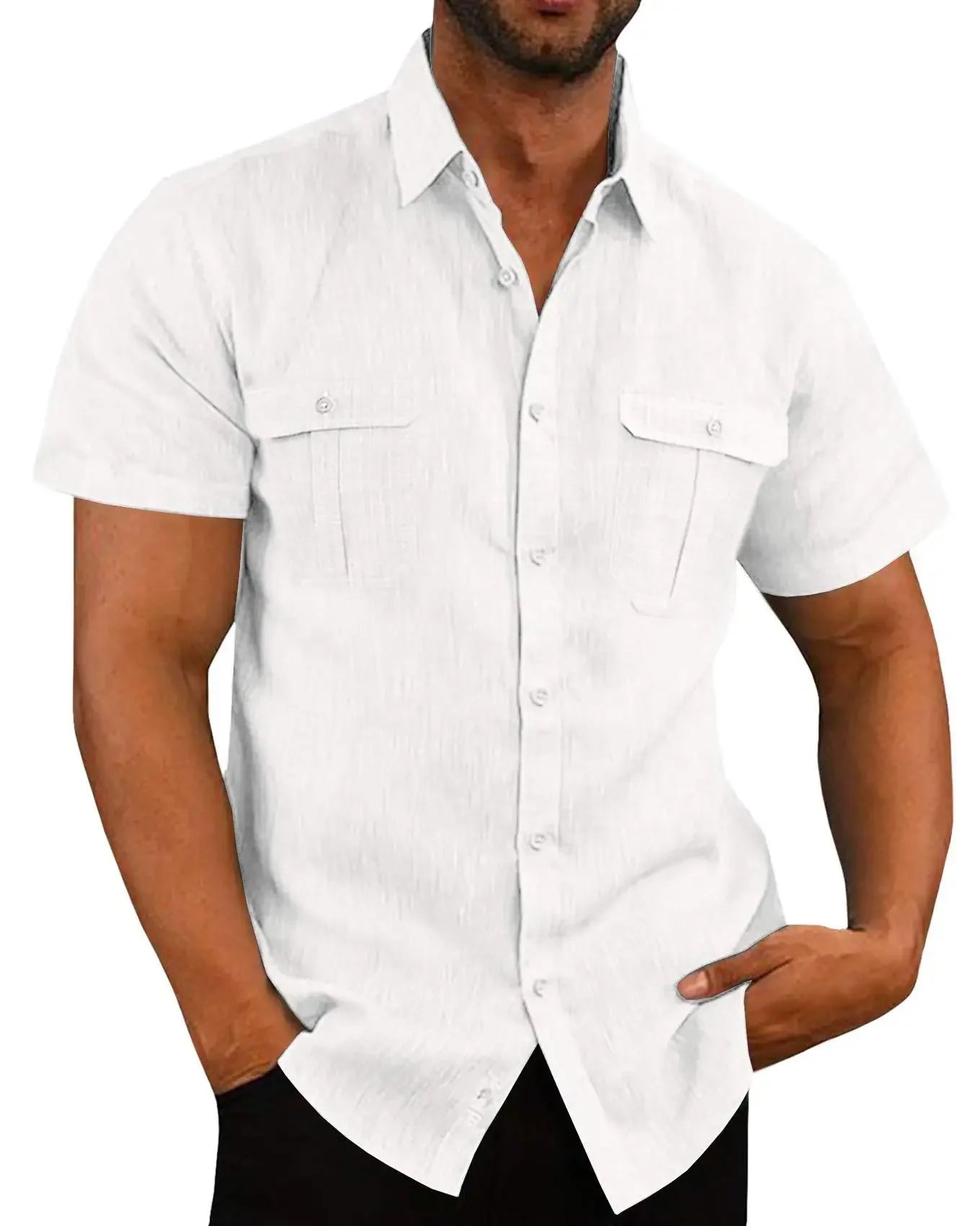 Cotton Linen Hot Sale Men Short-Sleeved Shirts Summer Solid Color Stand-Up Collar Casual Beach Style Shirts Tailor-made T-Shirts