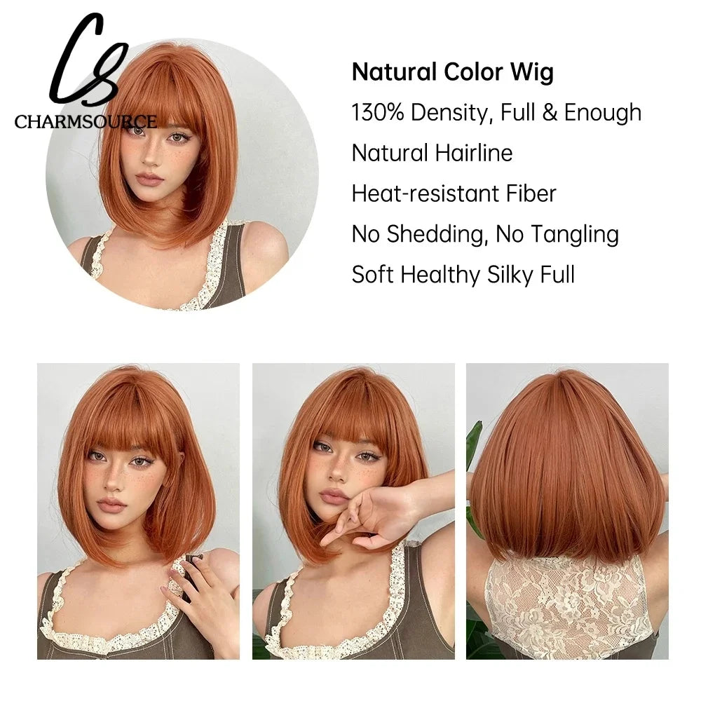 Copper Ginger Short Bob Straight Synthetic Wig with Bangs Heat Resistant Natural Looking Hair for Women Daily Use Cosplay Party