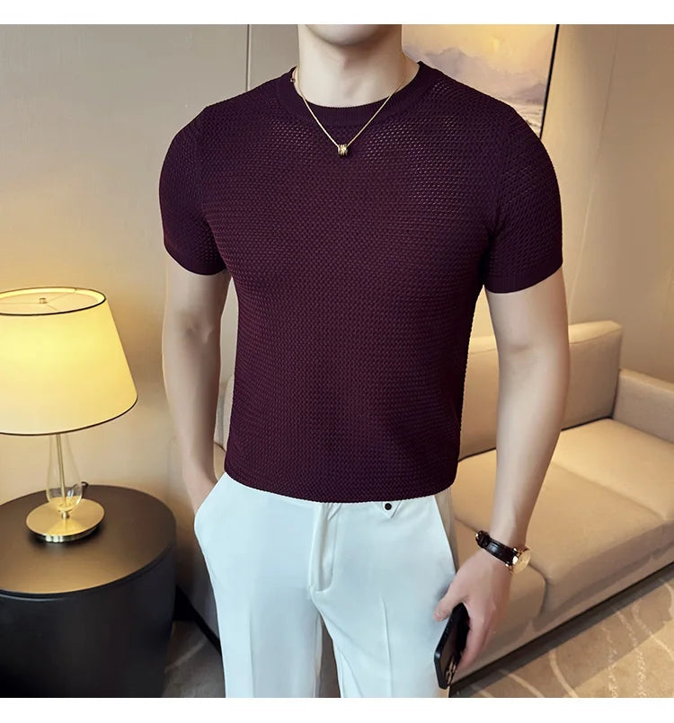 Summer Breathable T-Shirts For Men Korean Luxury Clothing O-Neck Short Sleeve Knitted Men's T Shirt Fashion Hollow Tops&Tees 3XL