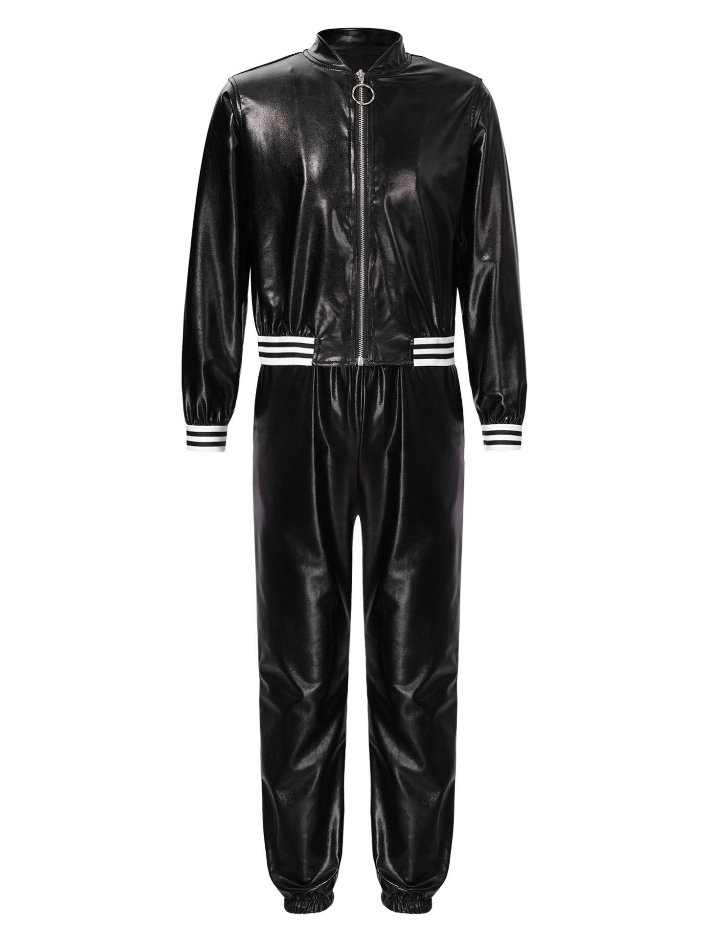 Kids Girls Sports Outfits Jazz Hip Hop Street Dance Costume Shiny Metallic Long Sleeves Bomber Jacket Coat with Pants Streetwear