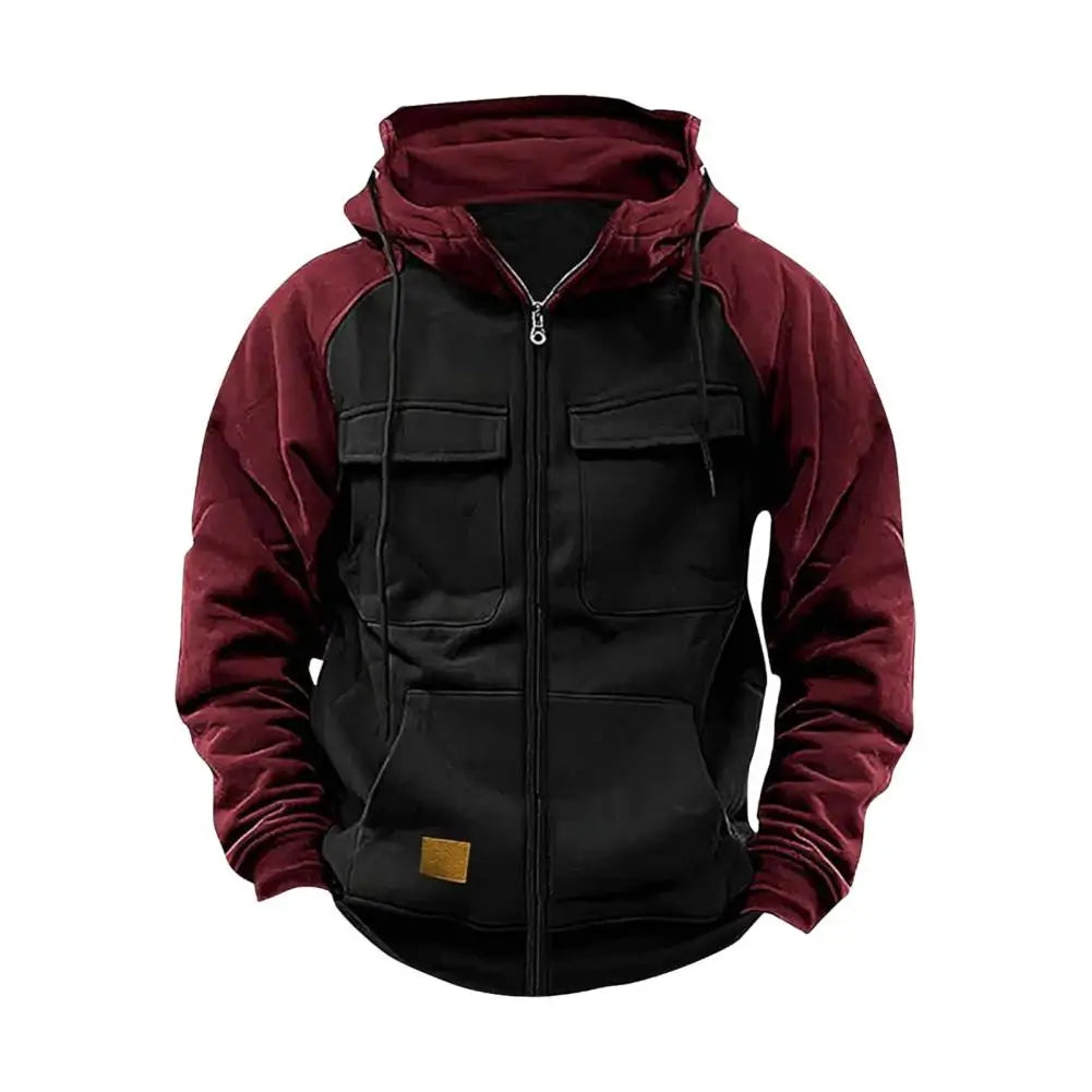2024 Retro Cargo Hoodies Men's Half Zipper Solid Warm Fleece Sweatshirts Multi Pockets Male Hooded Jackets Thick Outdoor Hooded