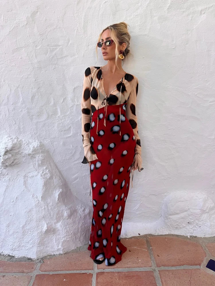 Women Two Tone Dot Print Long Sleeve Split Midi Dress Y2K Deep V Drawstring Slim Mermaid Skirt 2026 Street Club Party Outfit