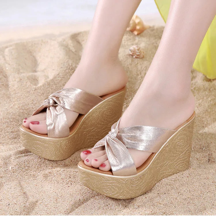 High quality summer wedge sandals for women 8cm 11cm high heel new 2024 size 32 33 43 platform open toe elegant shoe black gold