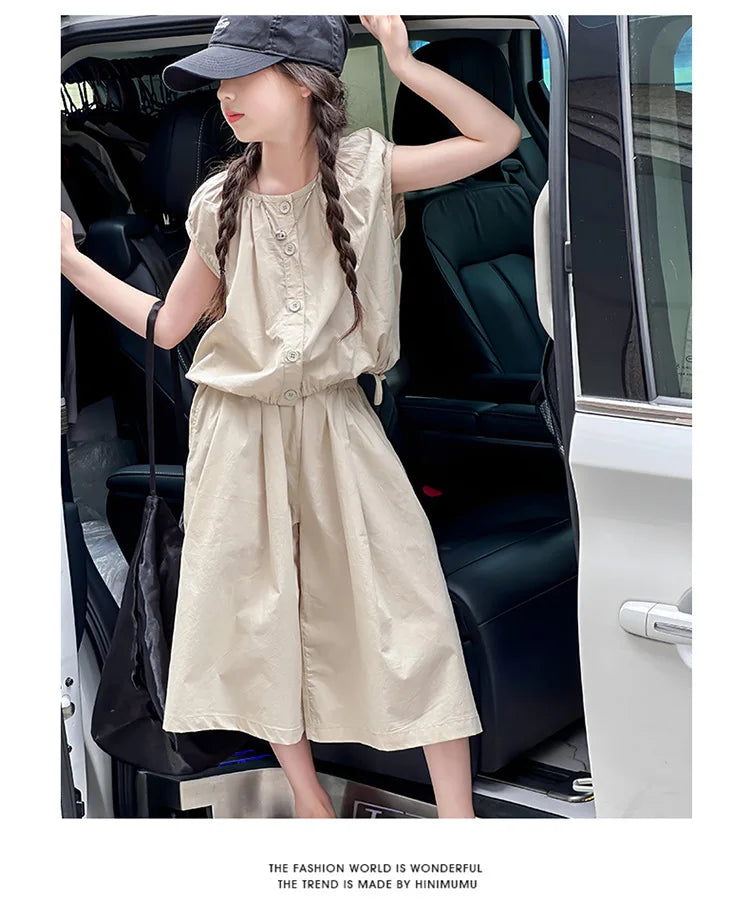 2025 Girls Summer Casual Outfit Big Kids Short Sleeve Top Capris Pants Two Piece Set Matching Big Kids Fashion Suit Holiday Wear